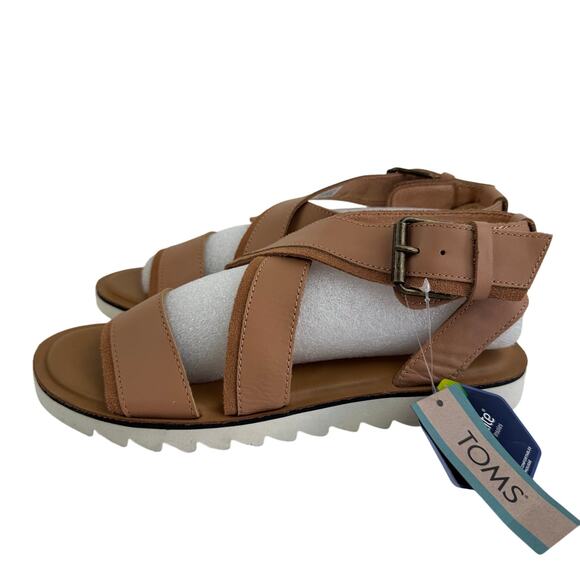 TOMS SIDNEY TREAD LEATHER ANKLE STRAP SANDALS IN WARM BEIGE NWT SIZE 8M - Picture 6 of 16